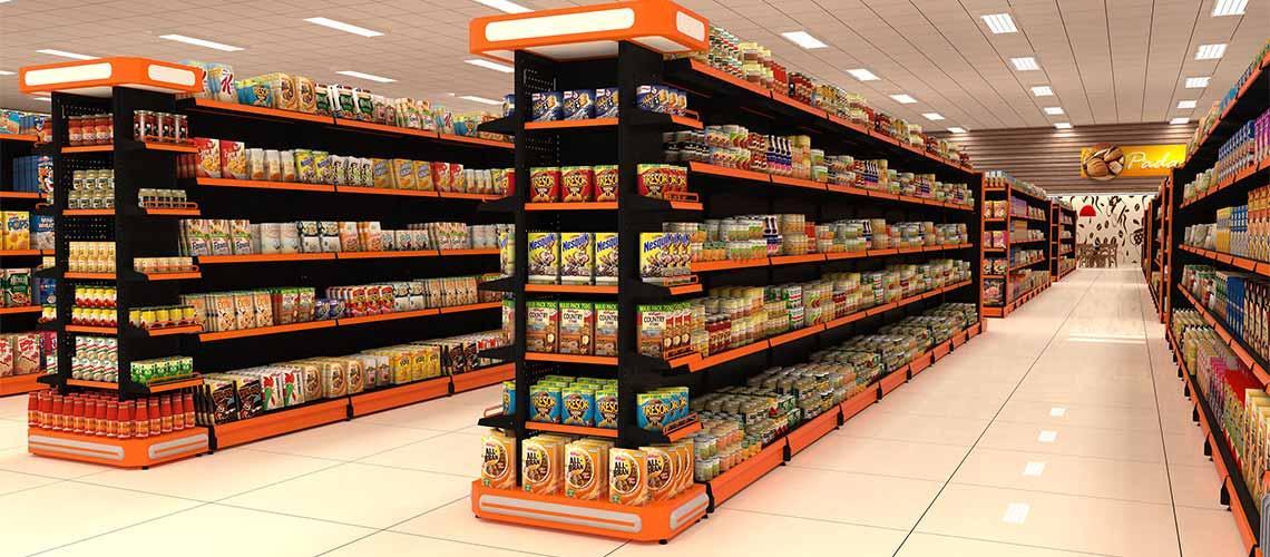 Como as gôndolas auxiliam na distribuição dos produtos em um supermercado?